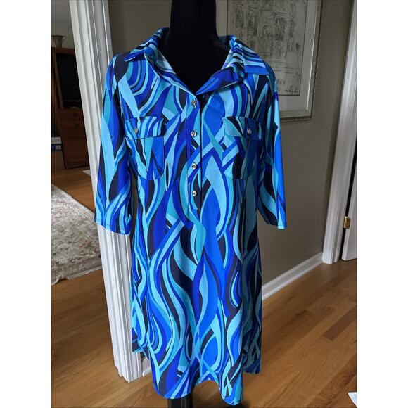 Jude Connally Sloane Shirtdress Dress Sz L vibrant blue swirl print 3/4 slv New - Picture 1 of 15